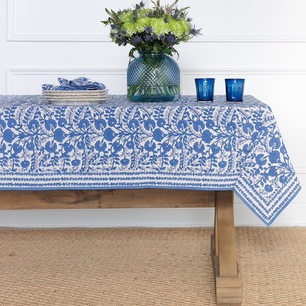 Blue & white floral hand block printed cotton tablecloth