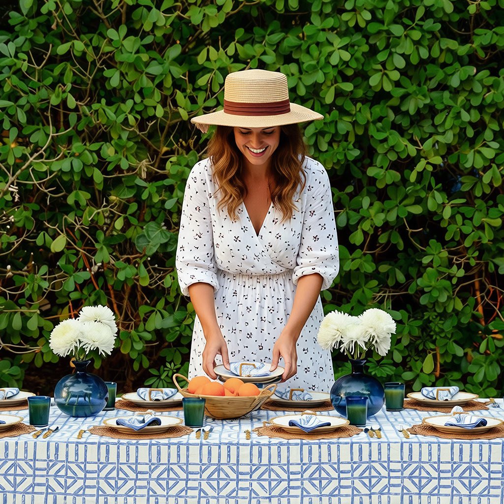 Blue Bamboo Tablecloth - Pomegranate
