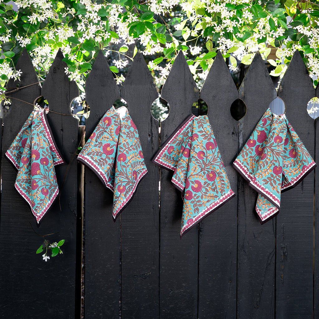 Cactus Flower Teal & Cranberry Napkin | Set of 4 - Pomegranate