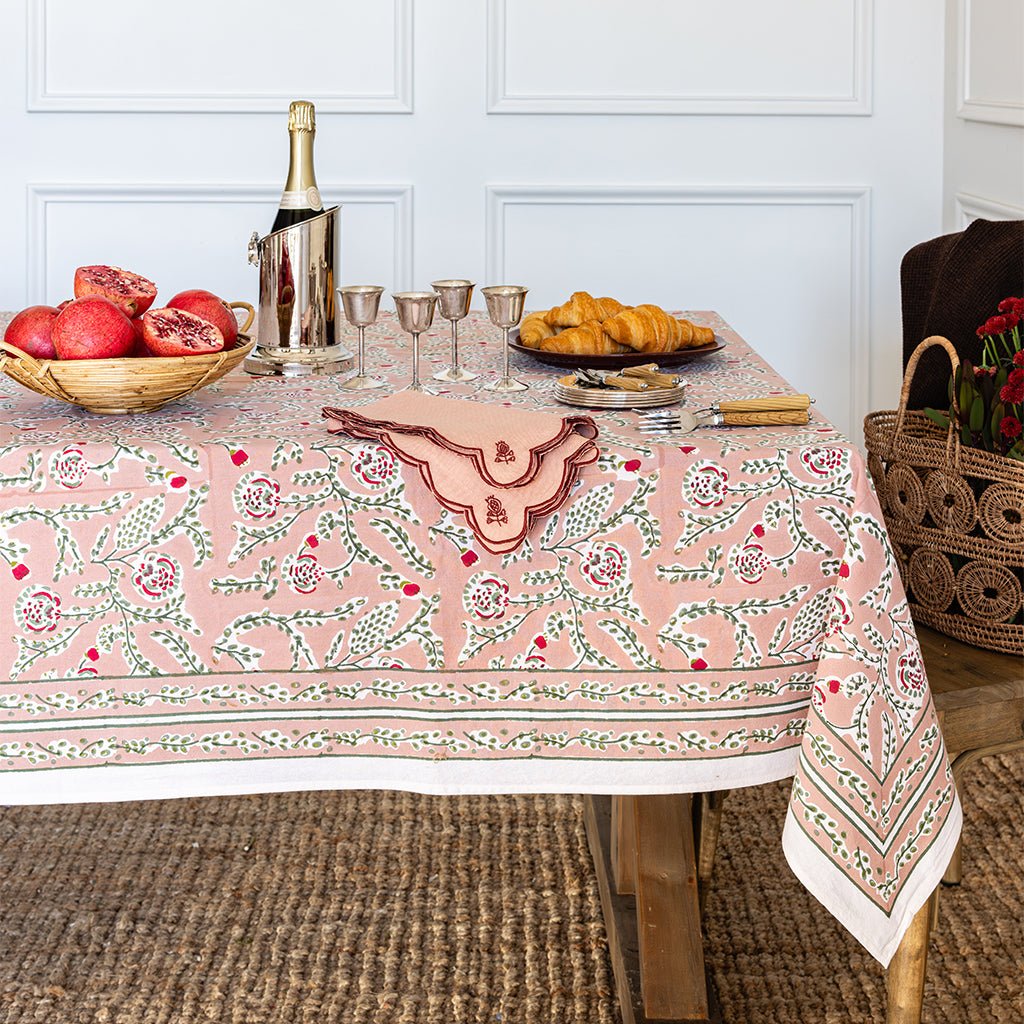 Climbing Dahlia Rosewood & Sage Tablecloth - Pomegranate