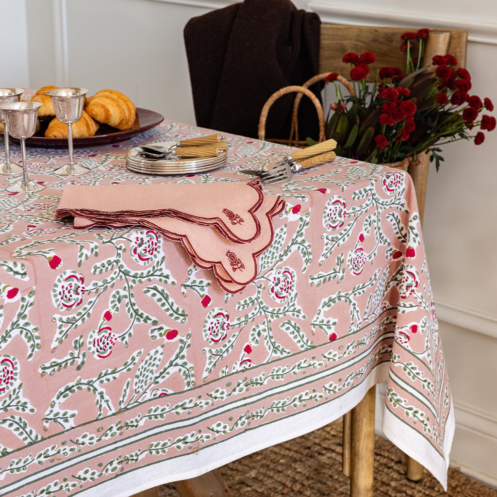 Climbing Dahlia Rosewood & Sage Tablecloth - Pomegranate