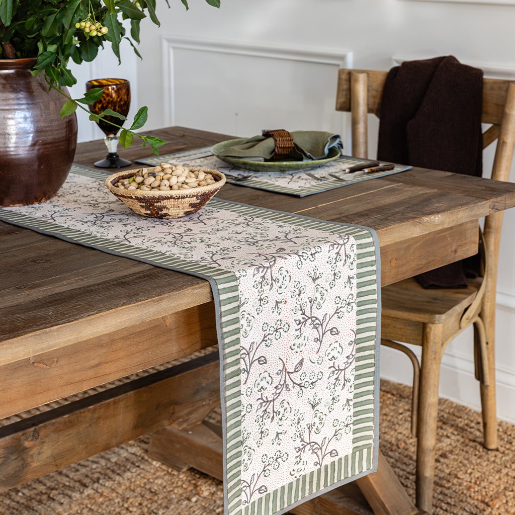 Floral & Berries Sage & Taupe Table Runner - Pomegranate