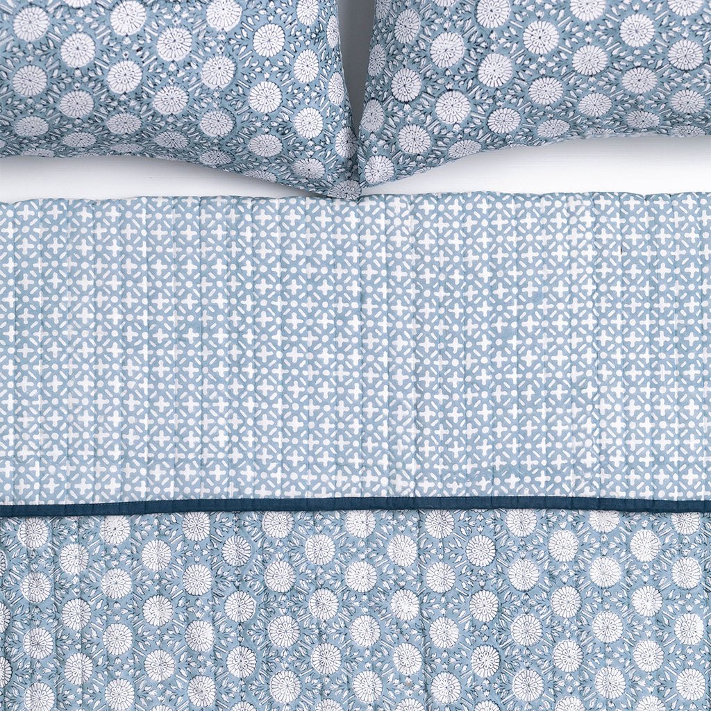India Hicks Home Joker's Rosette & Full Deck Dusty Blue Coverlet - Pomegranate