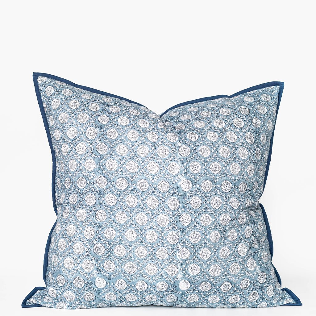 India Hicks Home Joker's Rosette & Full Deck Dusty Blue Quilted Euro Sham - Pomegranate