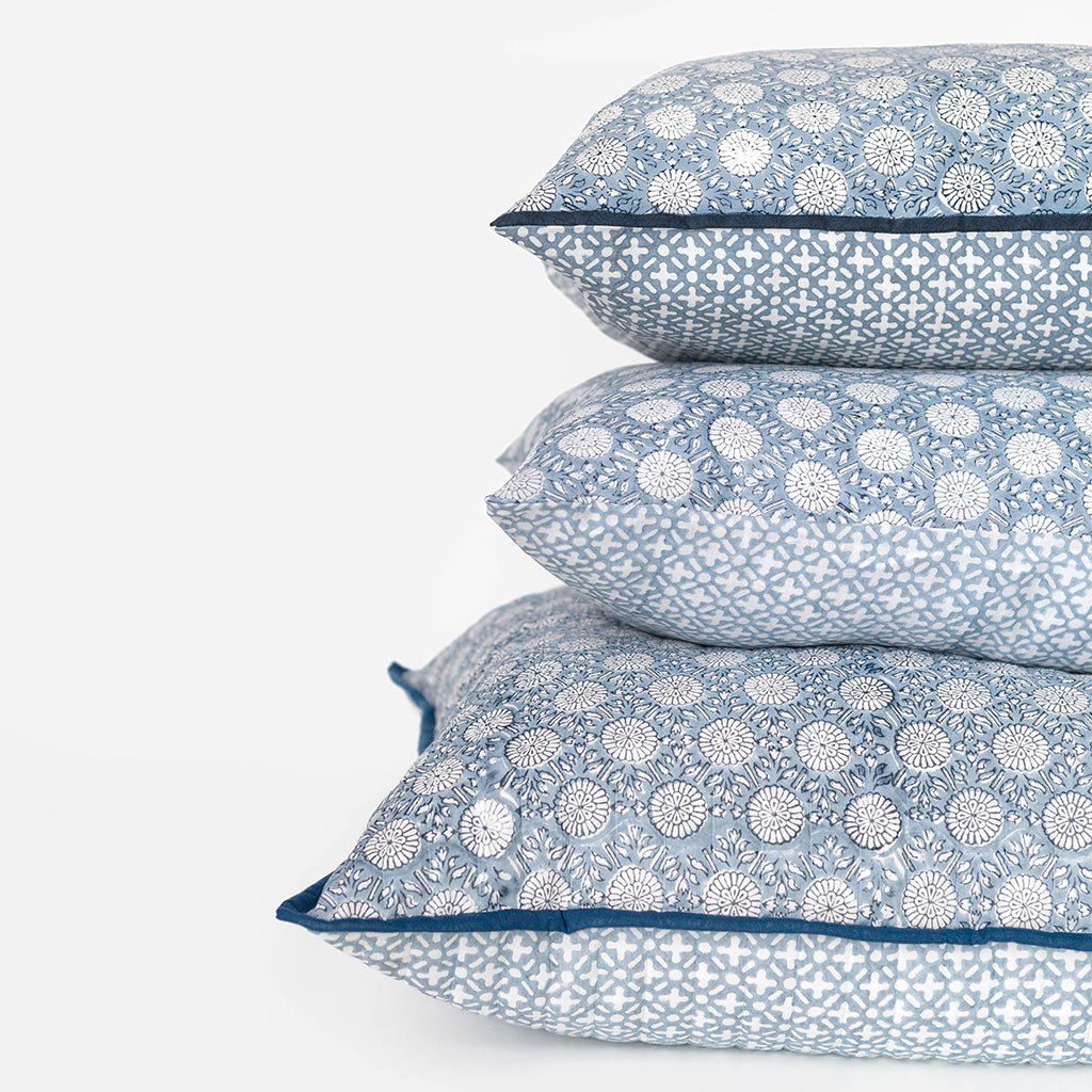 India Hicks Home Joker's Rosette & Full Deck Dusty Blue Quilted Euro Sham - Pomegranate