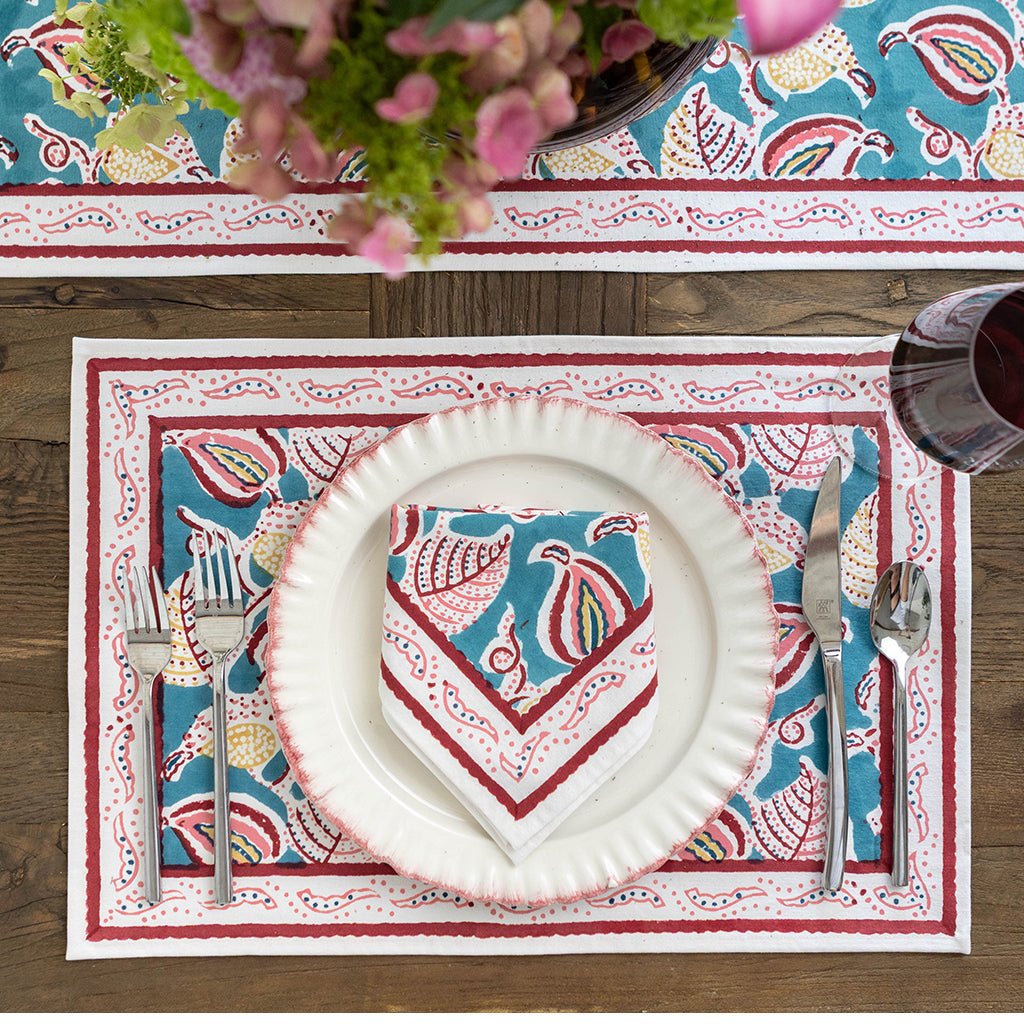 Paisley Vine Teal & Cranberry Placemat | Set of 4 - Pomegranate