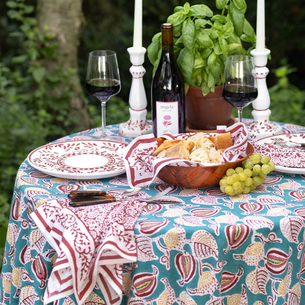 Paisley Vine Teal & Cranberry Tablecloth - Pomegranate