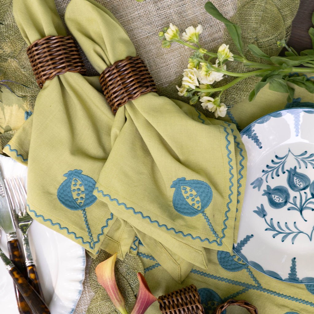 Pomegranate Crewel Chartreuse & Teal Napkin | Set of 4 - Pomegranate