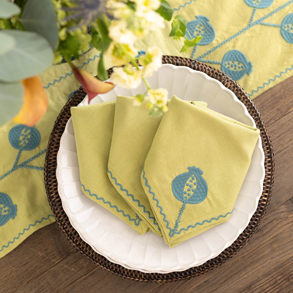 Pomegranate Crewel Chartreuse & Teal Napkin | Set of 4 - Pomegranate
