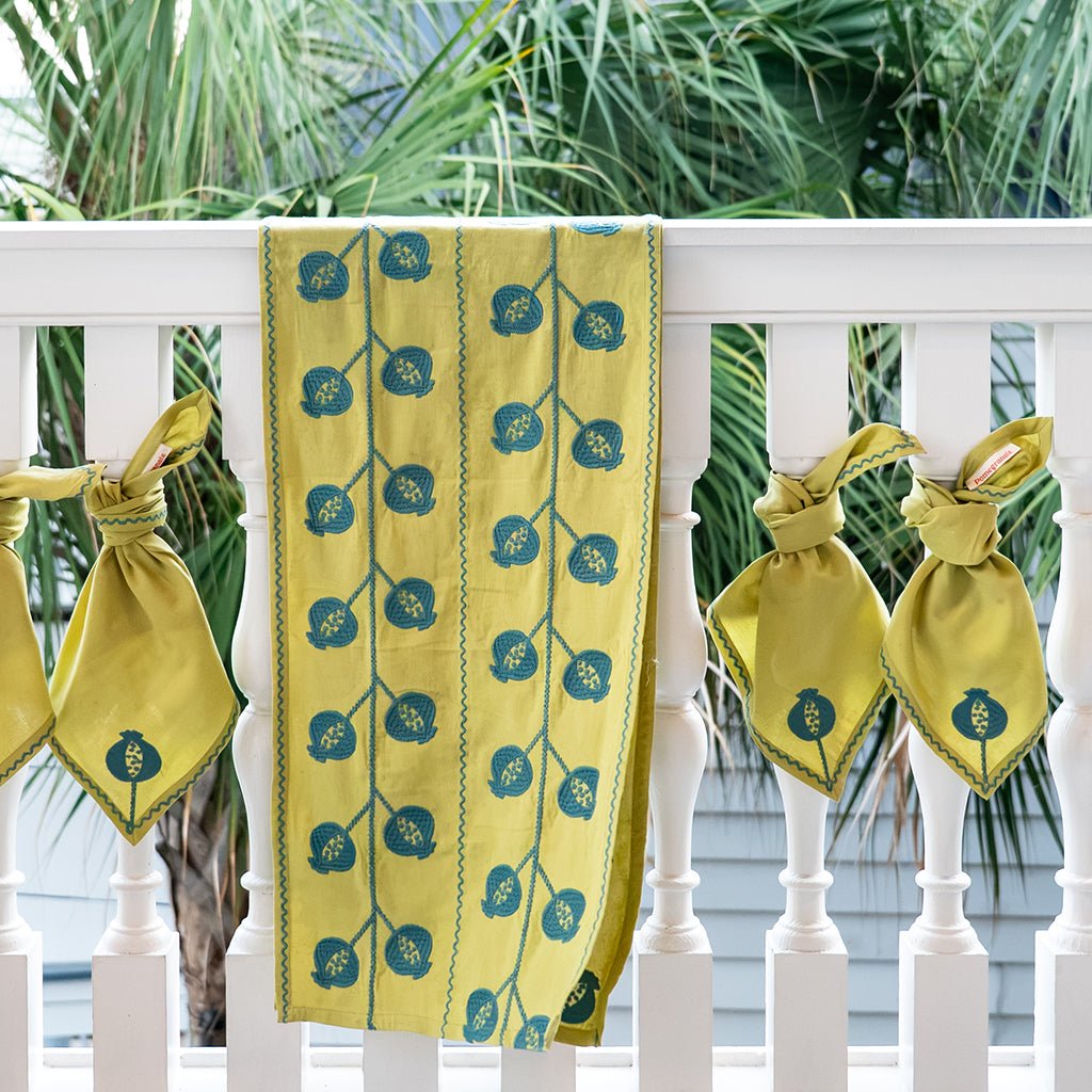Pomegranate Crewel Chartreuse & Teal Table Runner - Pomegranate