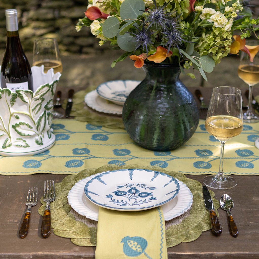 Pomegranate Crewel Chartreuse & Teal Table Runner - Pomegranate