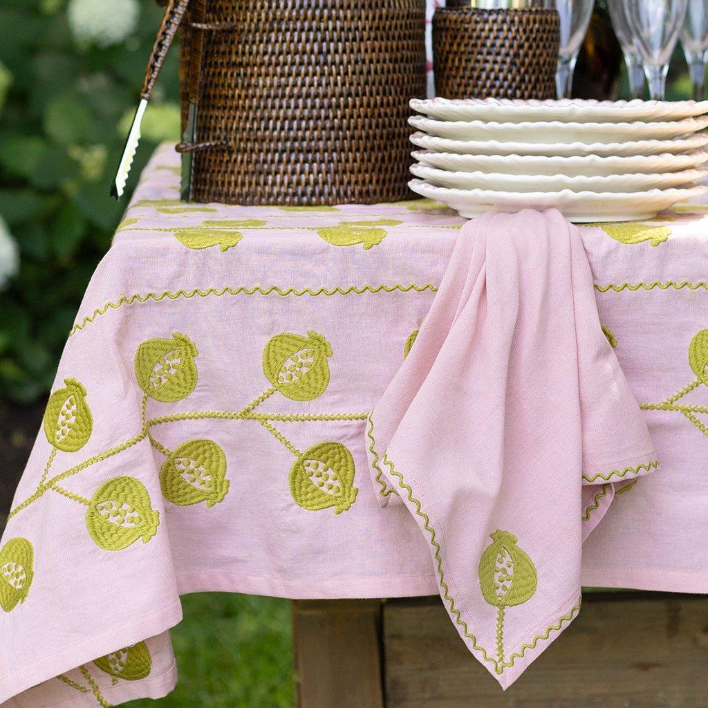 Pomegranate Crewel Light Pink & Chartreuse Napkin | Set of 4 - Pomegranate