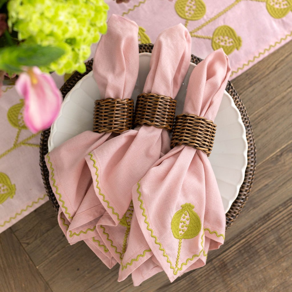 Pomegranate Crewel Light Pink & Chartreuse Napkin | Set of 4 - Pomegranate