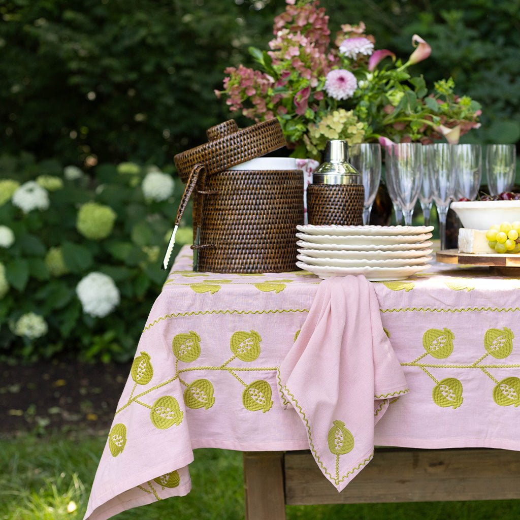 Pomegranate Crewel Light Pink & Chartreuse Tablecloth - Pomegranate