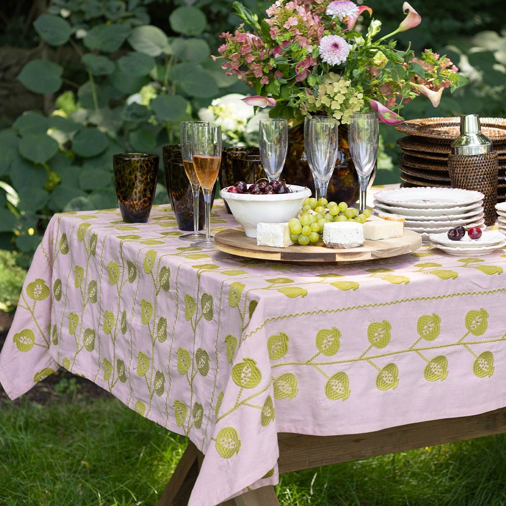 Pomegranate Crewel Light Pink & Chartreuse Tablecloth - Pomegranate