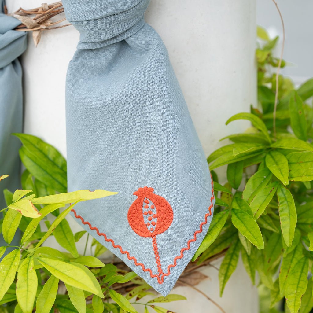 Pomegranate Crewel Slate Blue & Poppy Napkin | Set of 4 - Pomegranate