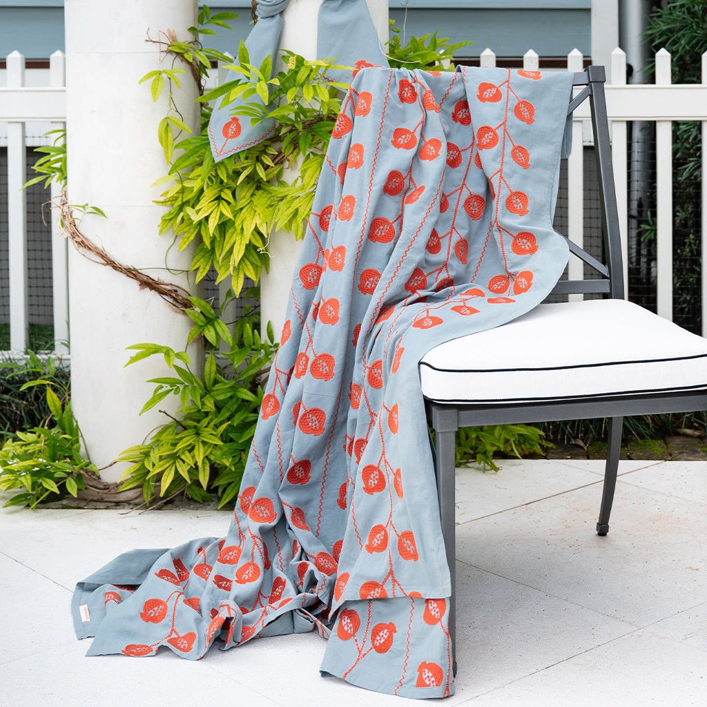 Pomegranate Crewel Slate Blue & Poppy Tablecloth - Pomegranate