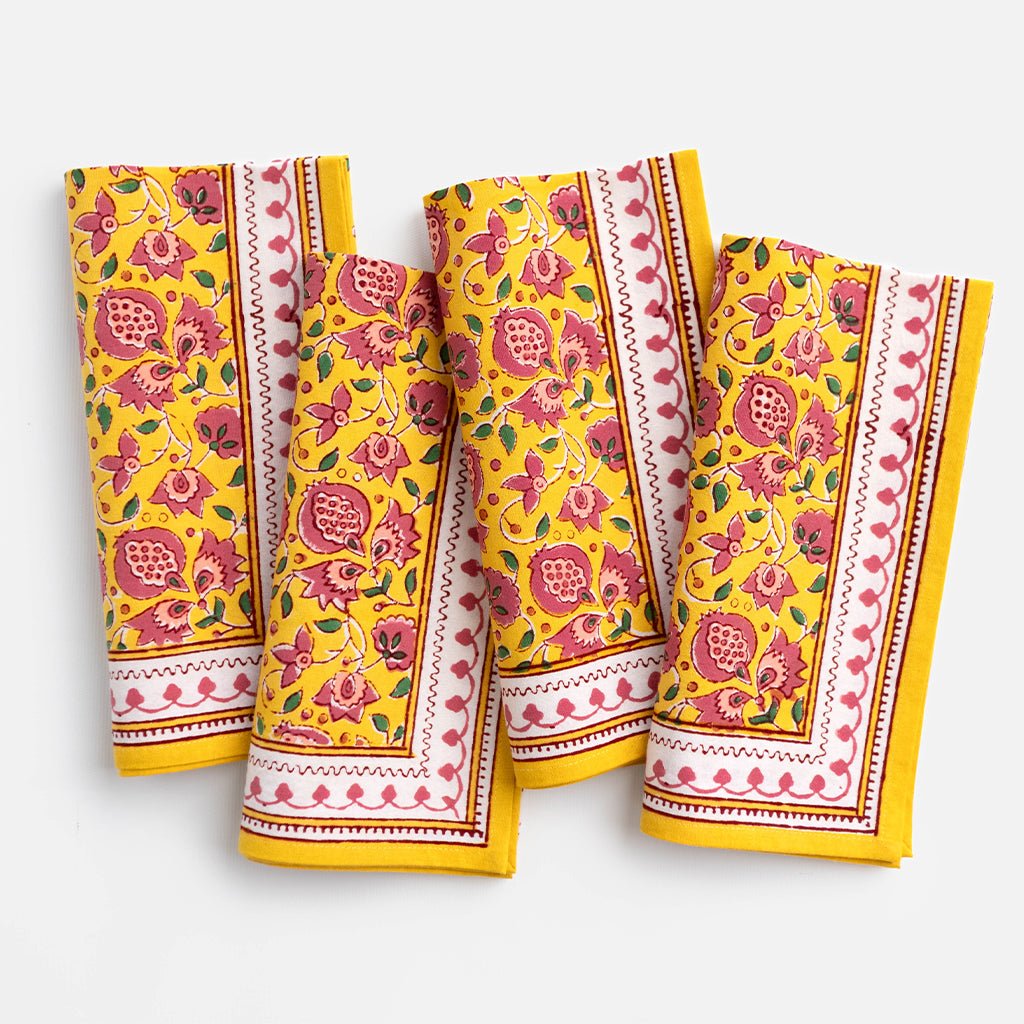 Pom Fan Flower Mustard & Magenta Napkin | Set of 4 - Pomegranate
