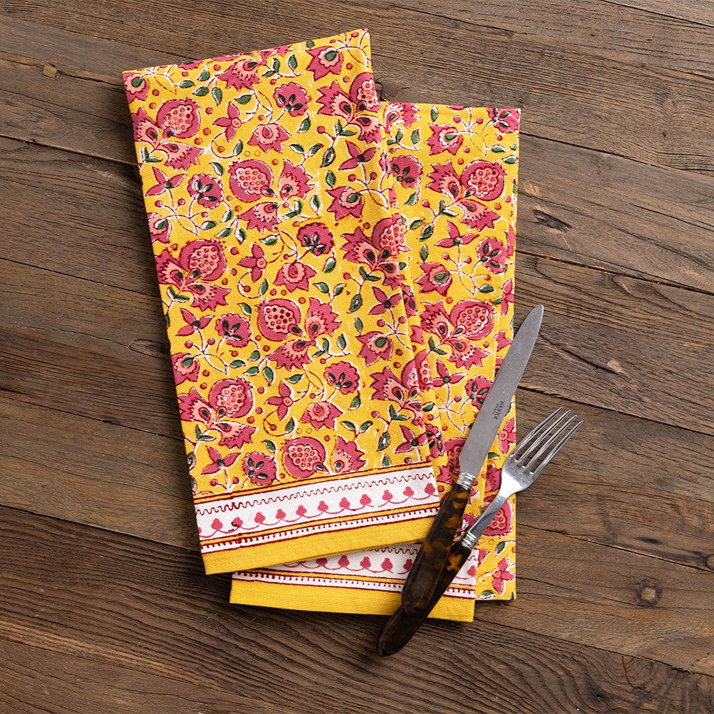 Pom Fan Flower Mustard & Magenta Tea Towels - Pomegranate