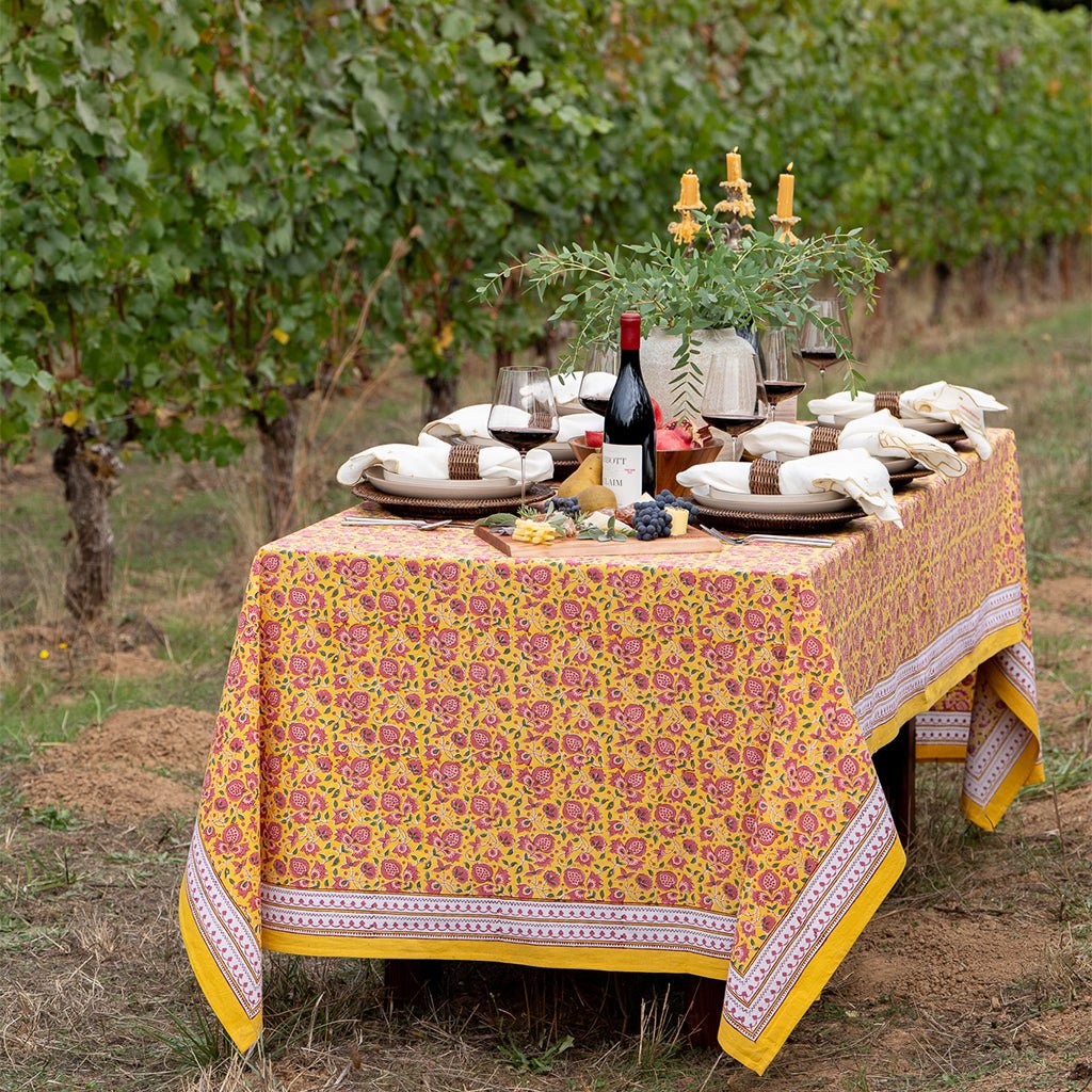 Pom Fan Flower Mustard & Magenta Tablecloth - Pomegranate