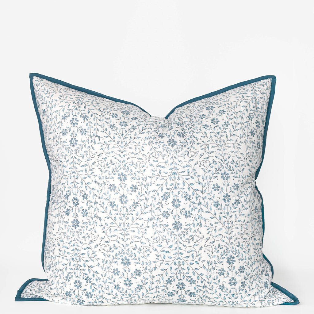 India Hicks Home Queen's Bloom & Kings Lace Dusty Blue Quilted Euro Sham - Pomegranate