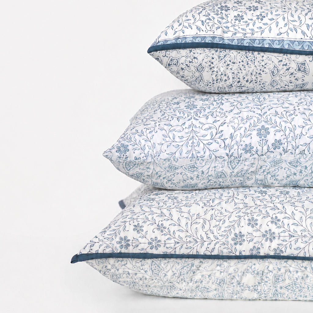 India Hicks Home Queen's Bloom & Kings Lace Dusty Blue Quilted Euro Sham - Pomegranate
