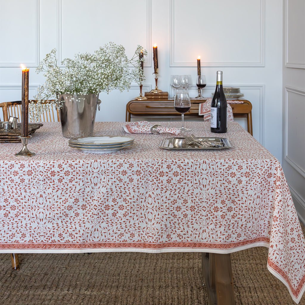 India Hicks Home Queen's Bloom Coral Tablecloth - Pomegranate