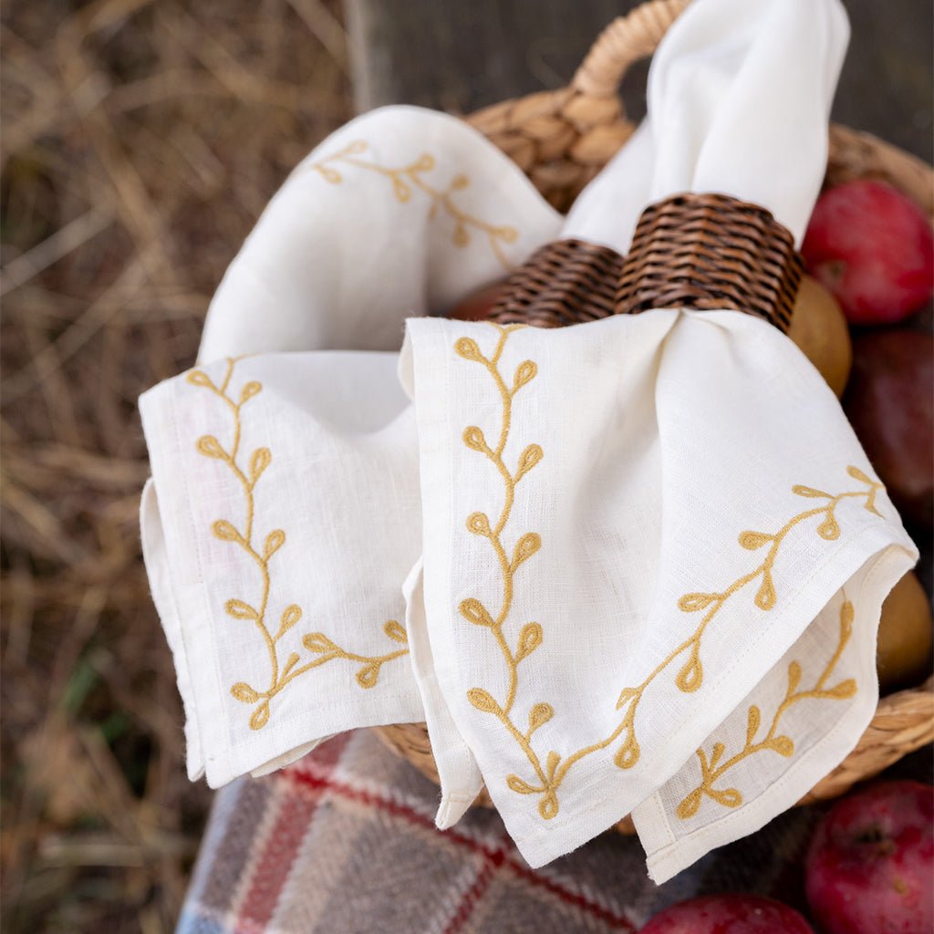 Twig & Bud Mustard Embroidered Linen Napkin | Set of 4 - Pomegranate