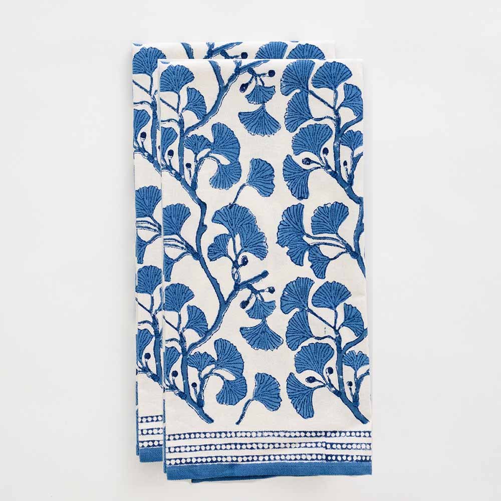 Fan shaped blue ginkgo leaves designed in blue hues on tea towel set of 2.