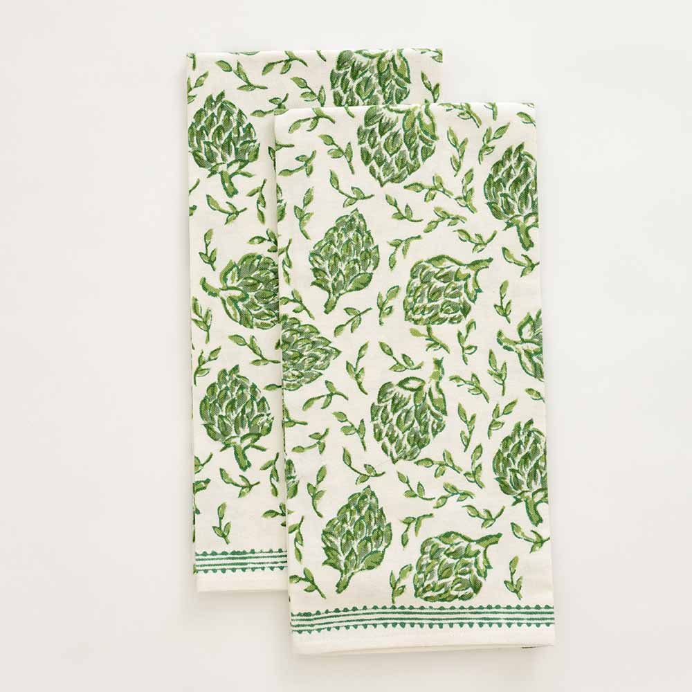 Green and white detailed tea towels set of 2.