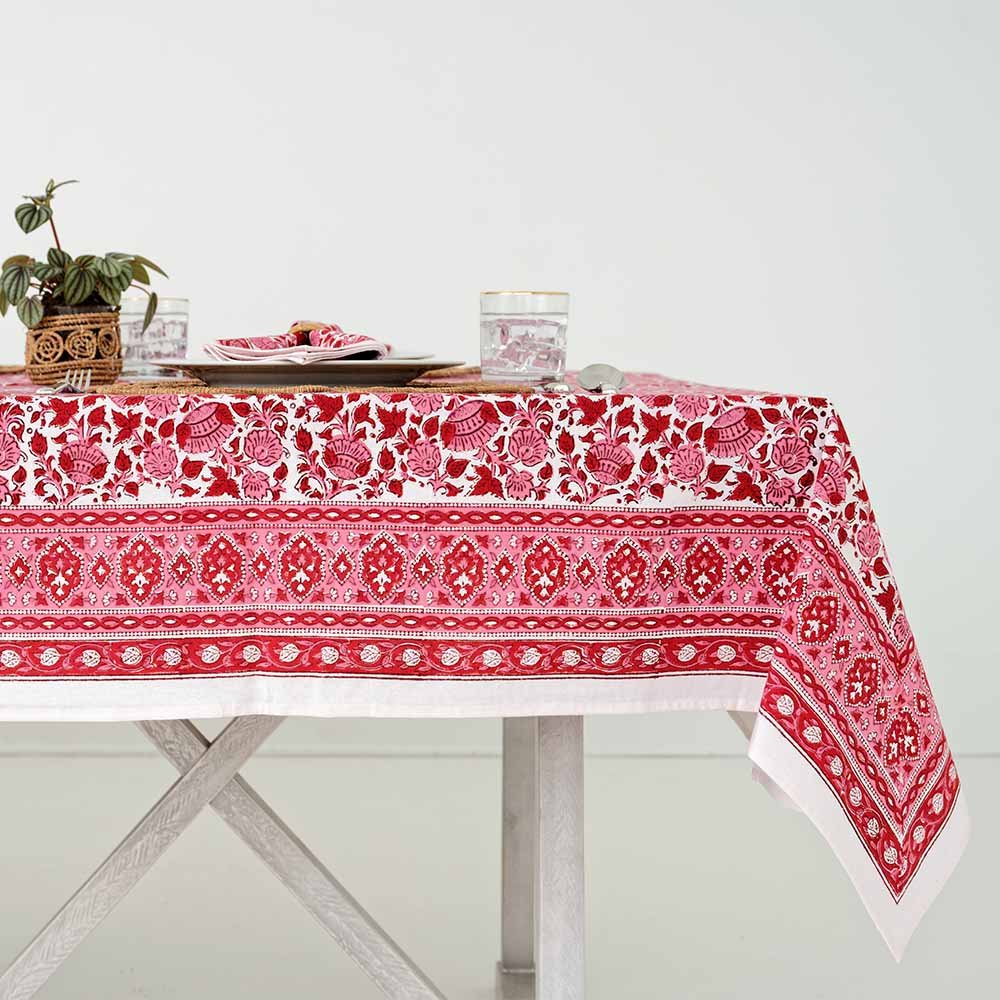 Floral printed detailing around the border of the tablecloth.