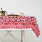 Floral printed detailing around the border of the tablecloth.