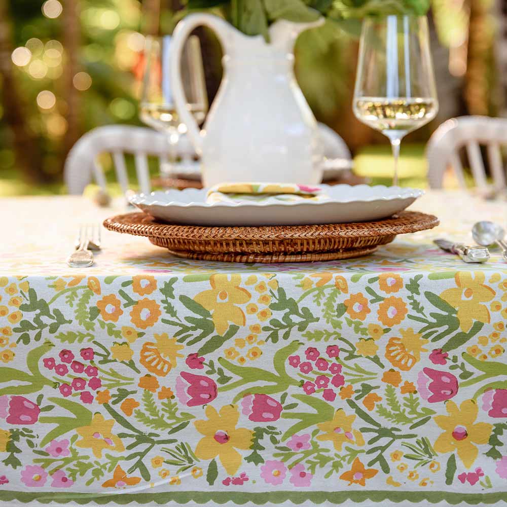70s Flower Colorful Hand Block Printed Floral Cotton Tablecloth