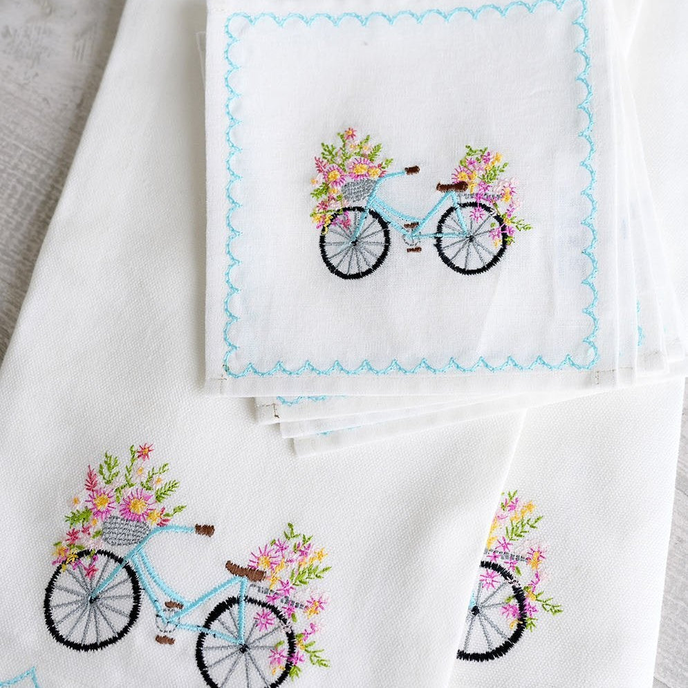 Blossom Bike Tea Towel set with cocktail napkins