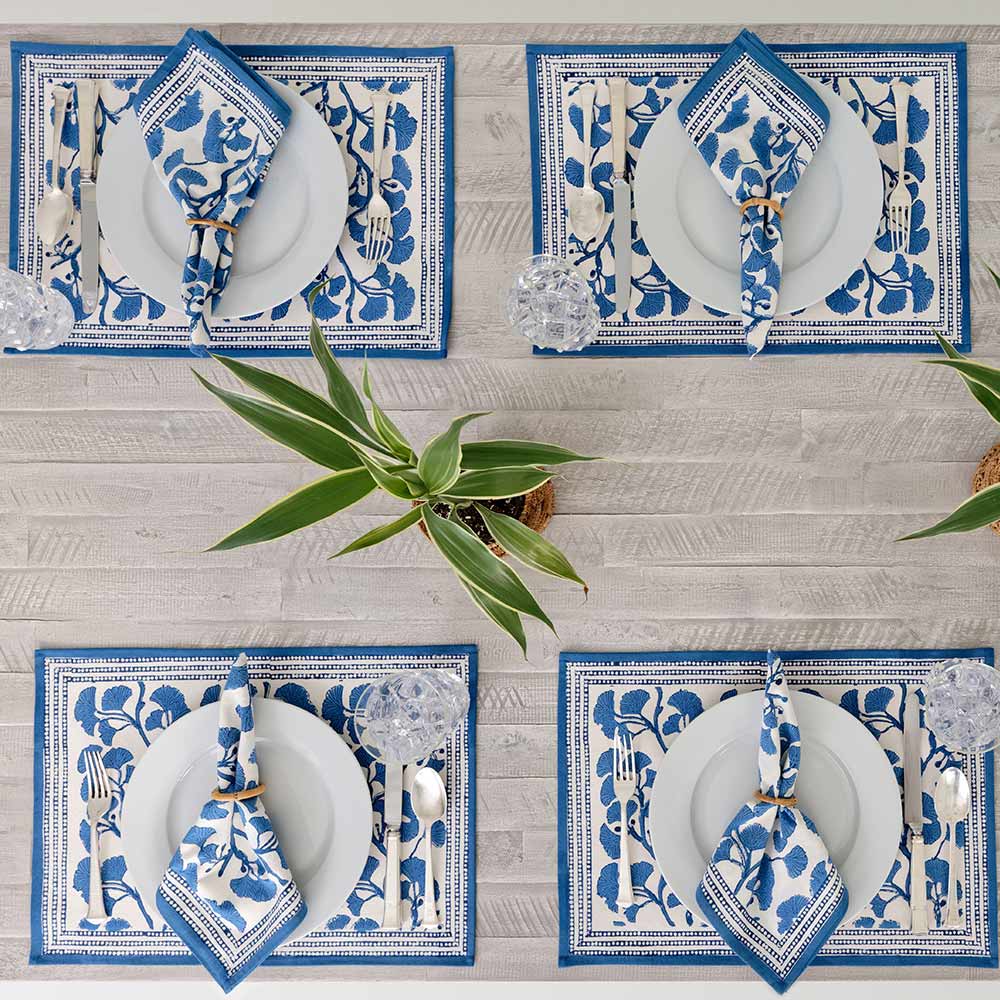 Fresh blue hues on placemat and napkin combo.