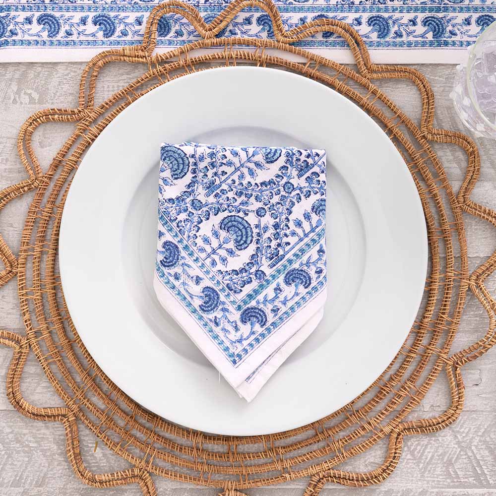 Blue and white 100% cotton napkin.