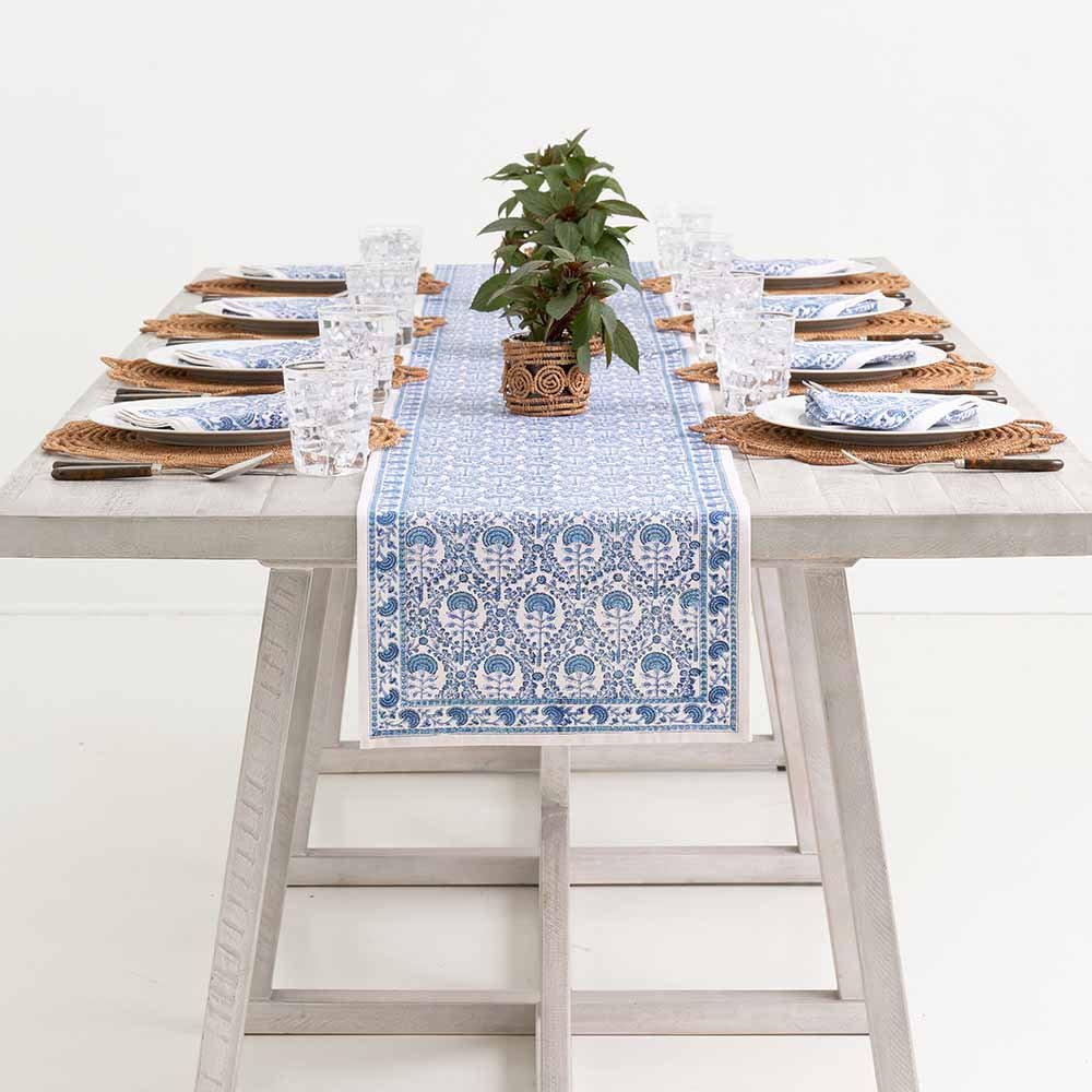 Caroline Blue table runner decorating a dinner table. 