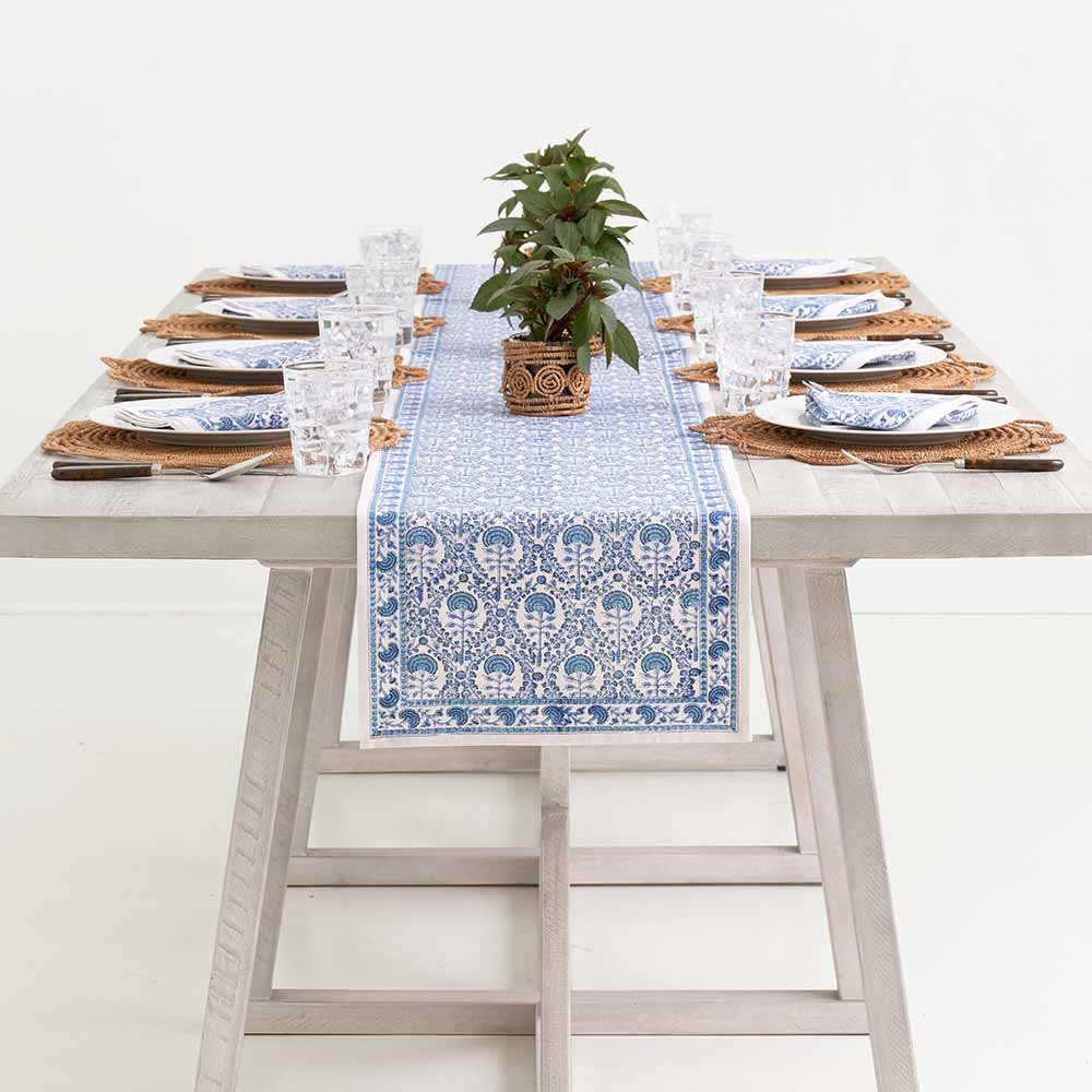 Caroline Blue table runner decorating a dinner table.