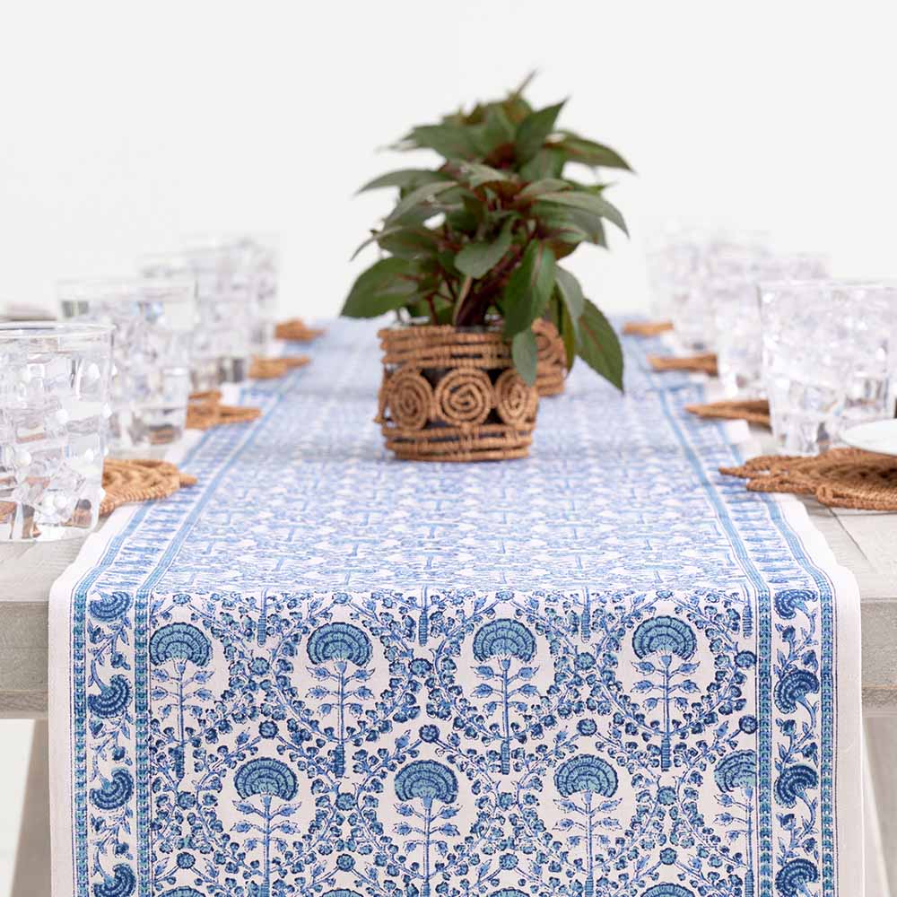 Close up of the intricate blue and white details on this decorative piece.