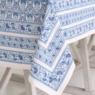 Close up of the blue and white intricate details on the tablecloth.