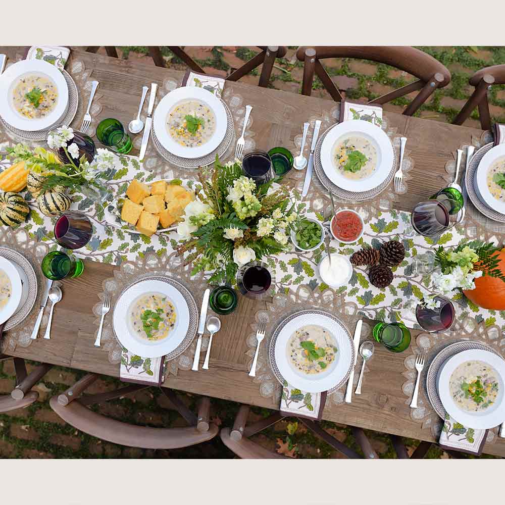 Overhead shot of autumn outdoor dinner table.