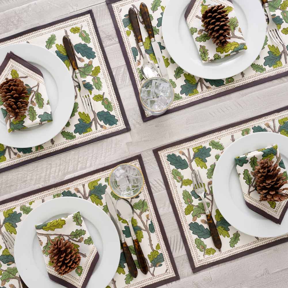 Overhead shot of napkin on plate with matching placemat.