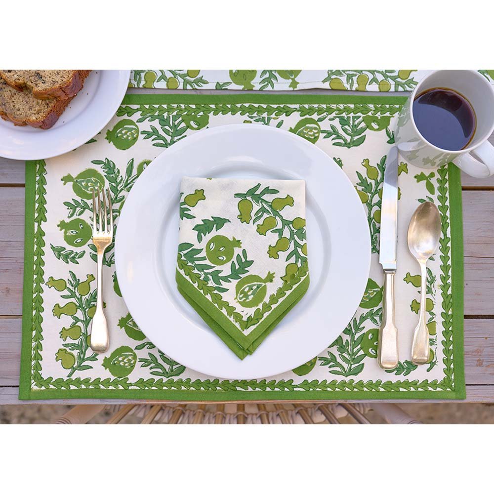 Close up of placemat and matching folded napkin.