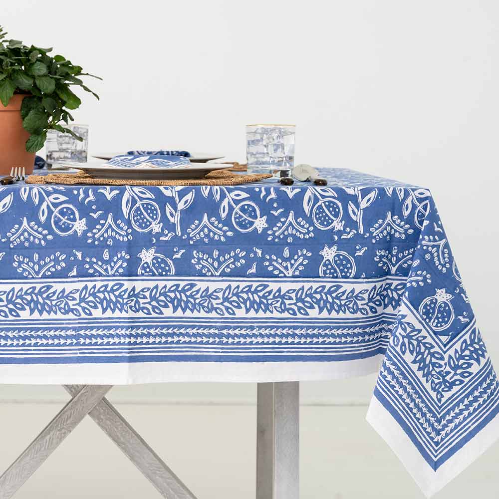 Pomegranate Blue Tablecloth with intricate detailing.