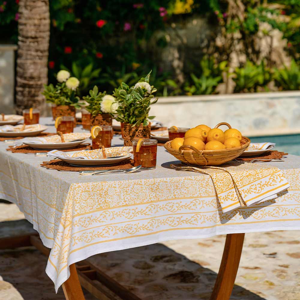 Tapestry Marigold Hand Block Printed Yellow & White Cotton Tablecloth