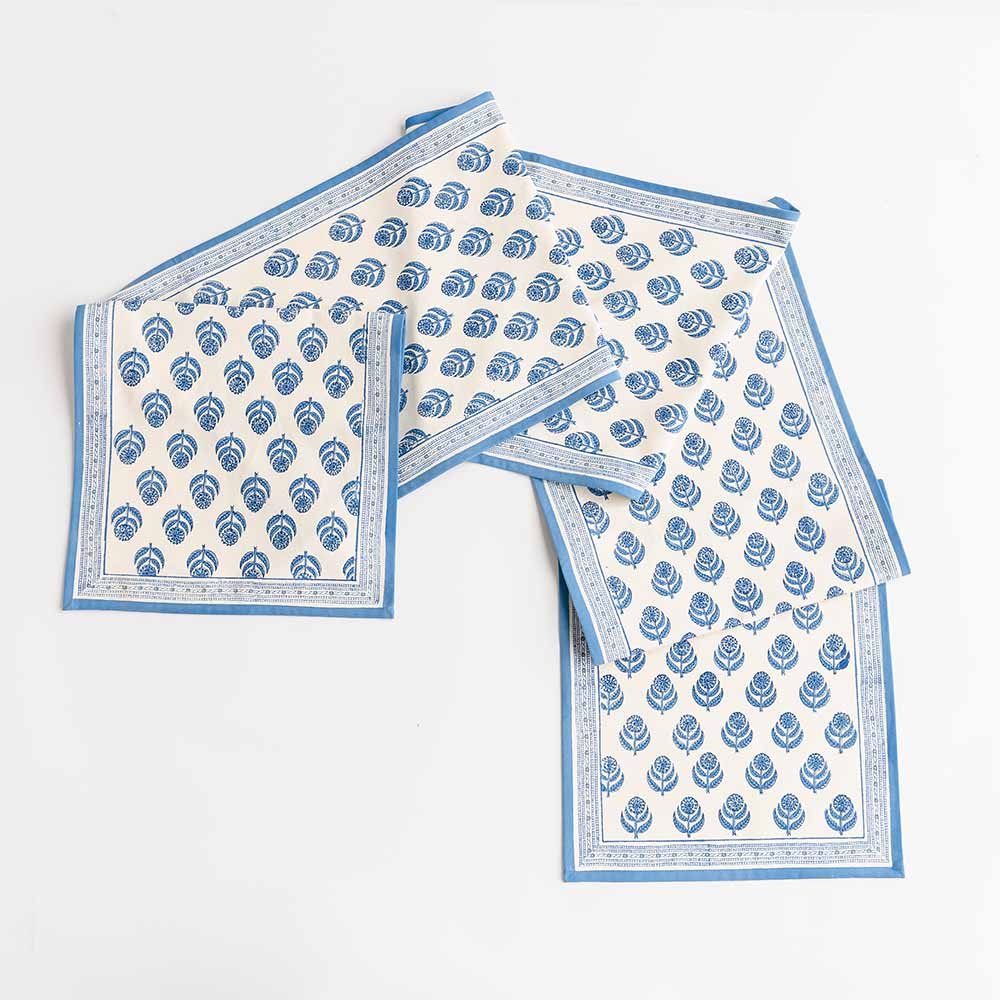 Pinot table runner blue and white print.
