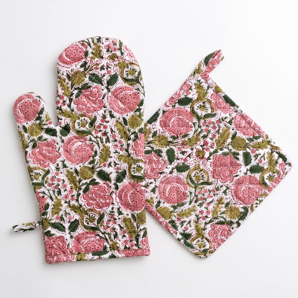 Bohemian Floral Moss Green & Mauve Pink Oven Mitt and Pot Holder Set