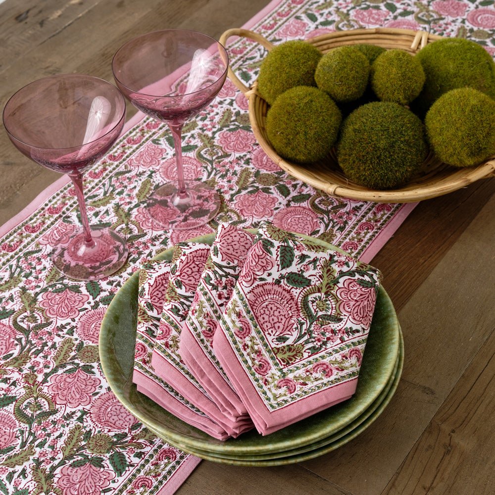Bohemian Floral Moss Green & Mauve Pink Table Runner with matching napkins