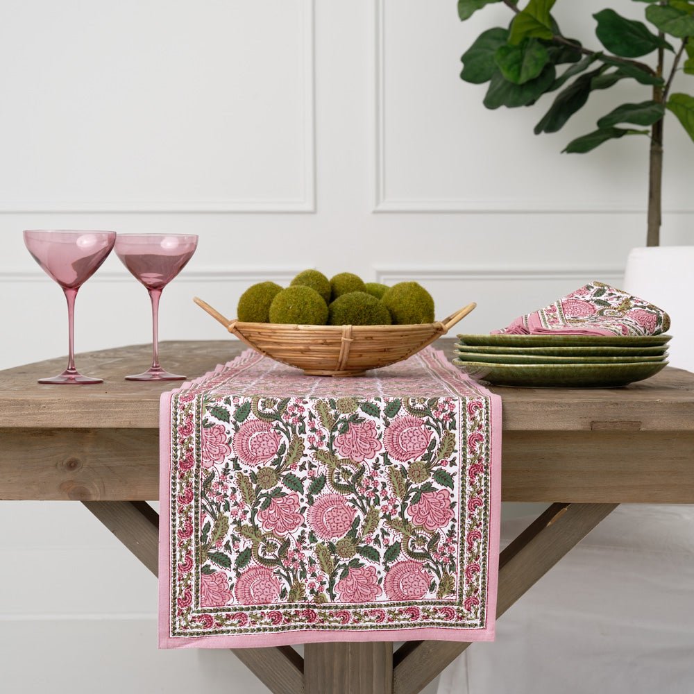 Bohemian Floral Moss Green & Mauve Pink Table Runner