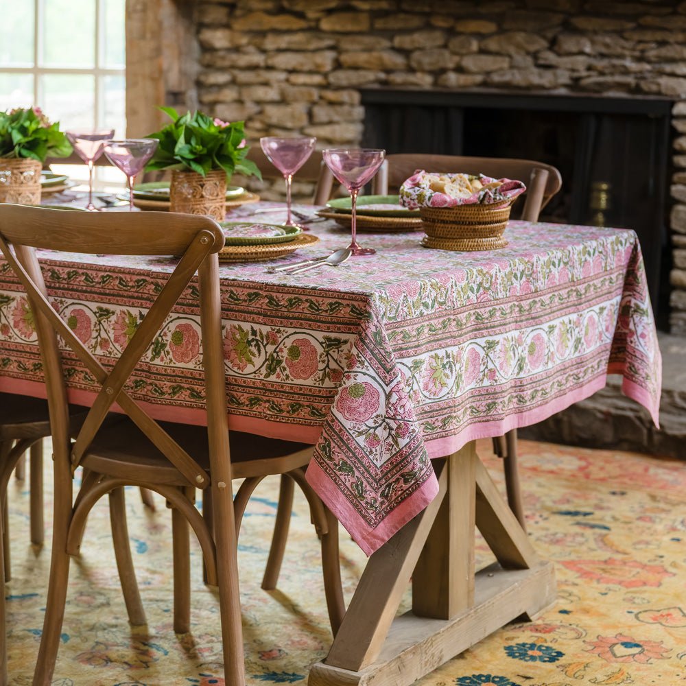 Bohemian Floral Moss Green & Mauve  Pink tablecloth